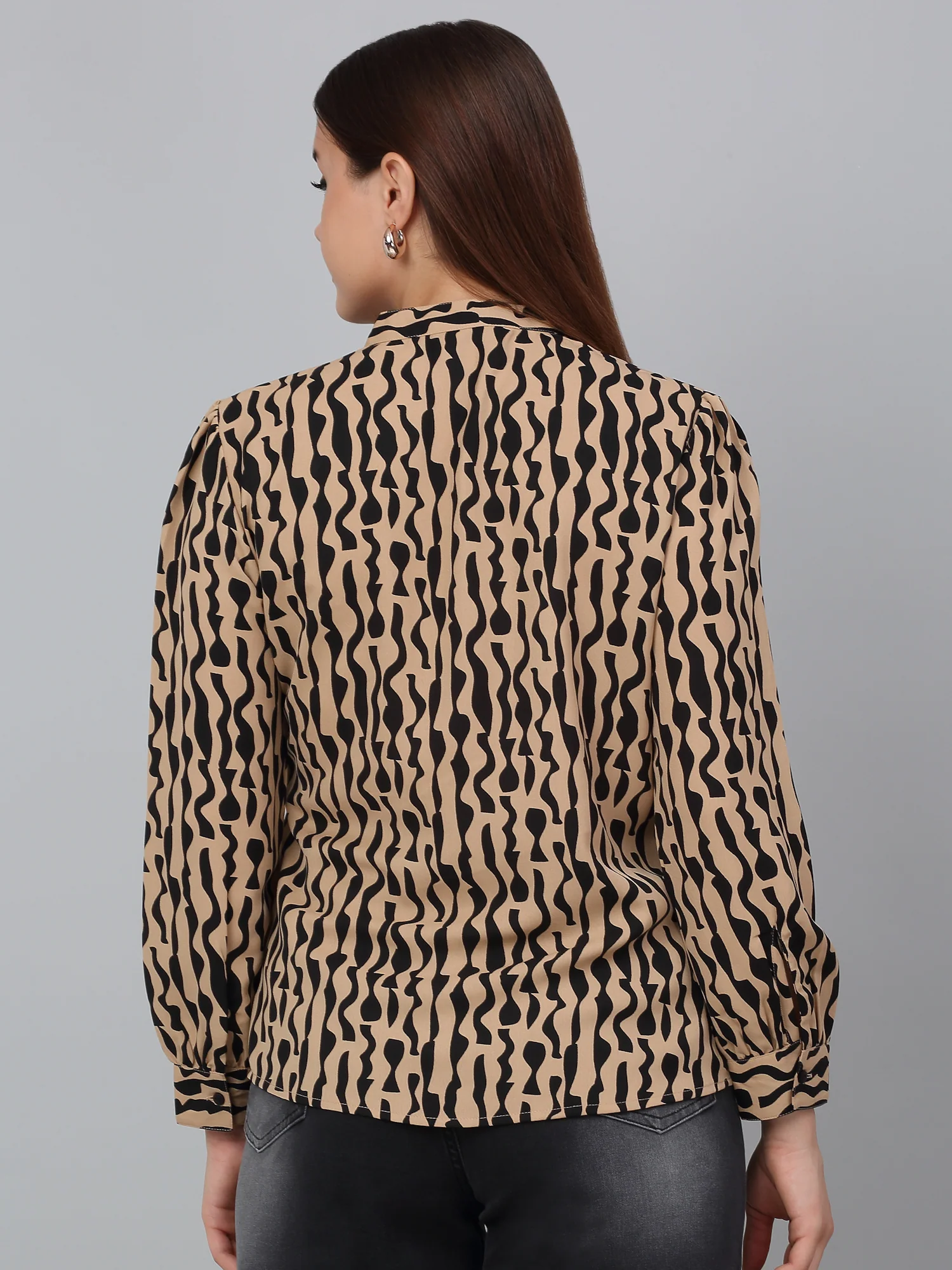 Women Brown Printed Mandarin Collar Casual Tunic - Image 2