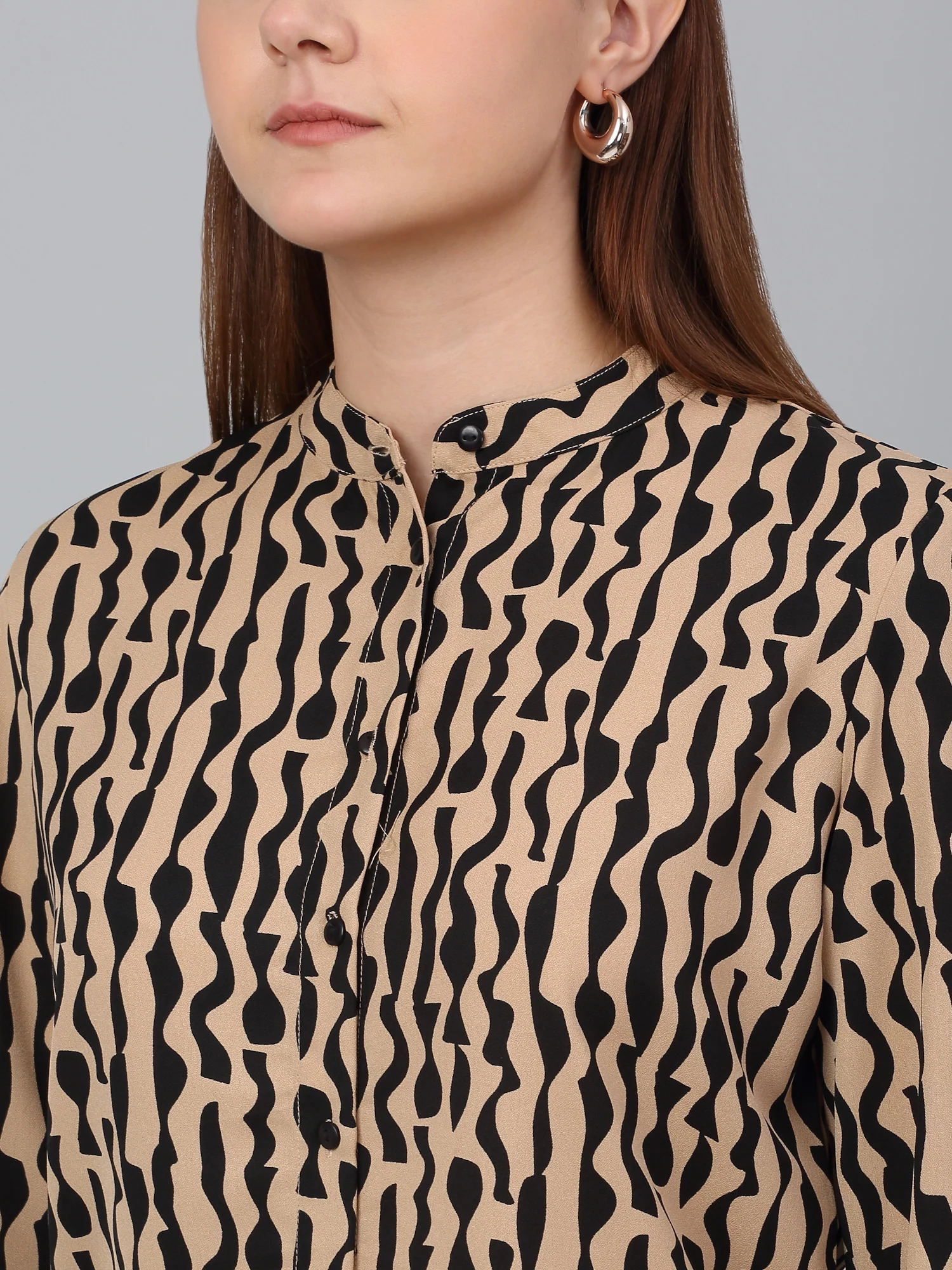 Women Brown Printed Mandarin Collar Casual Tunic - Image 5