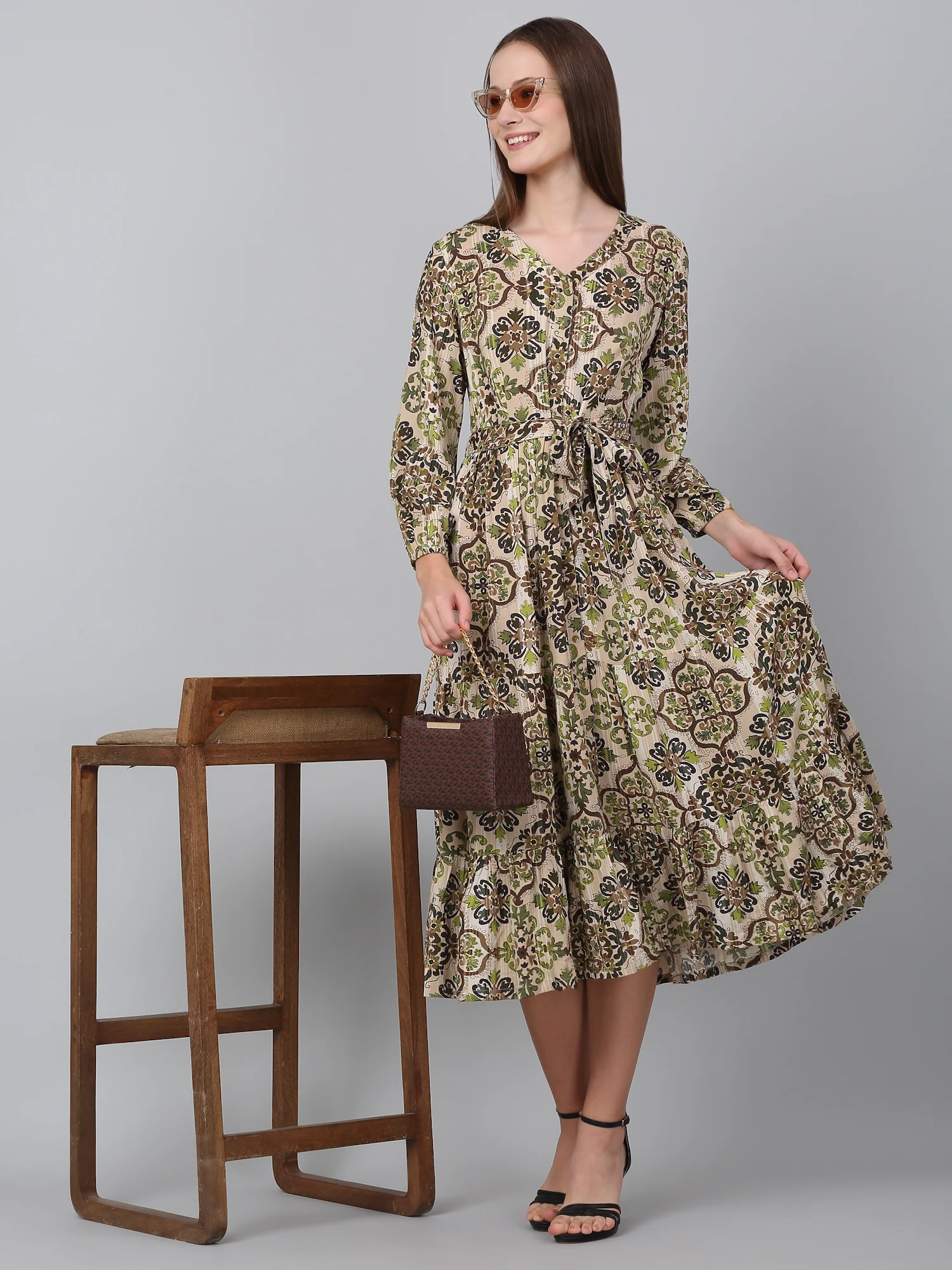 Women Brown V-Neck Printed Dress - Image 2