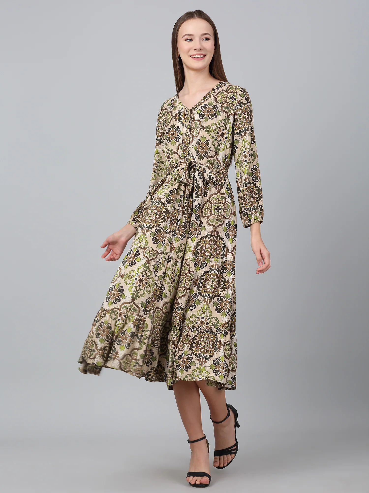 Women Brown V-Neck Printed Dress - Image 3