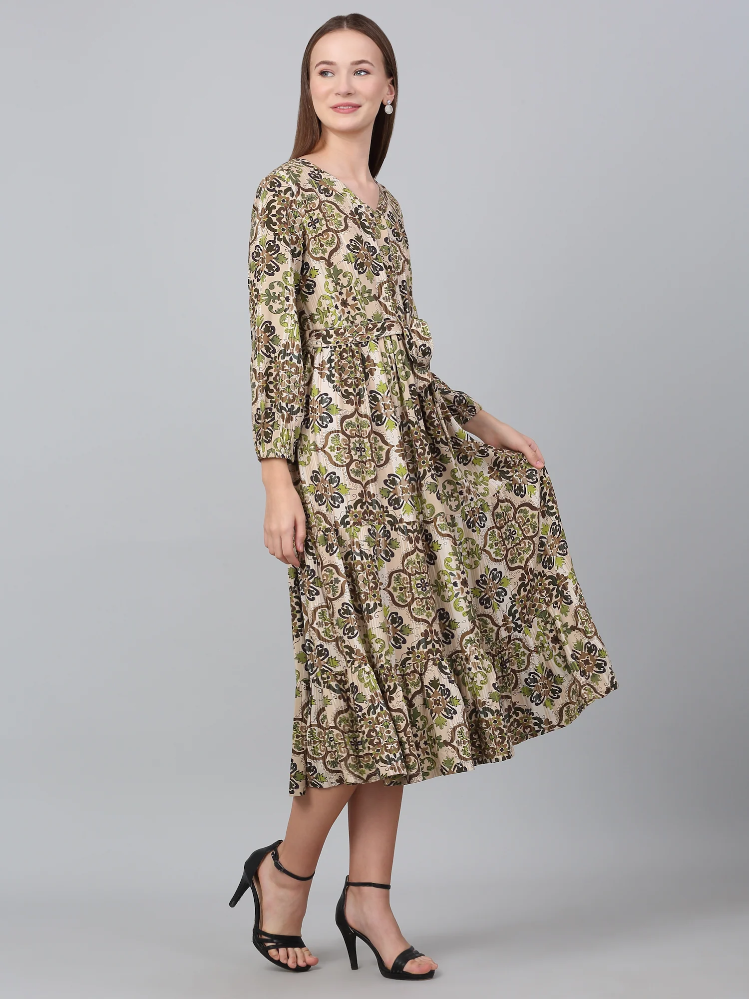 Women Brown V-Neck Printed Dress - Image 4