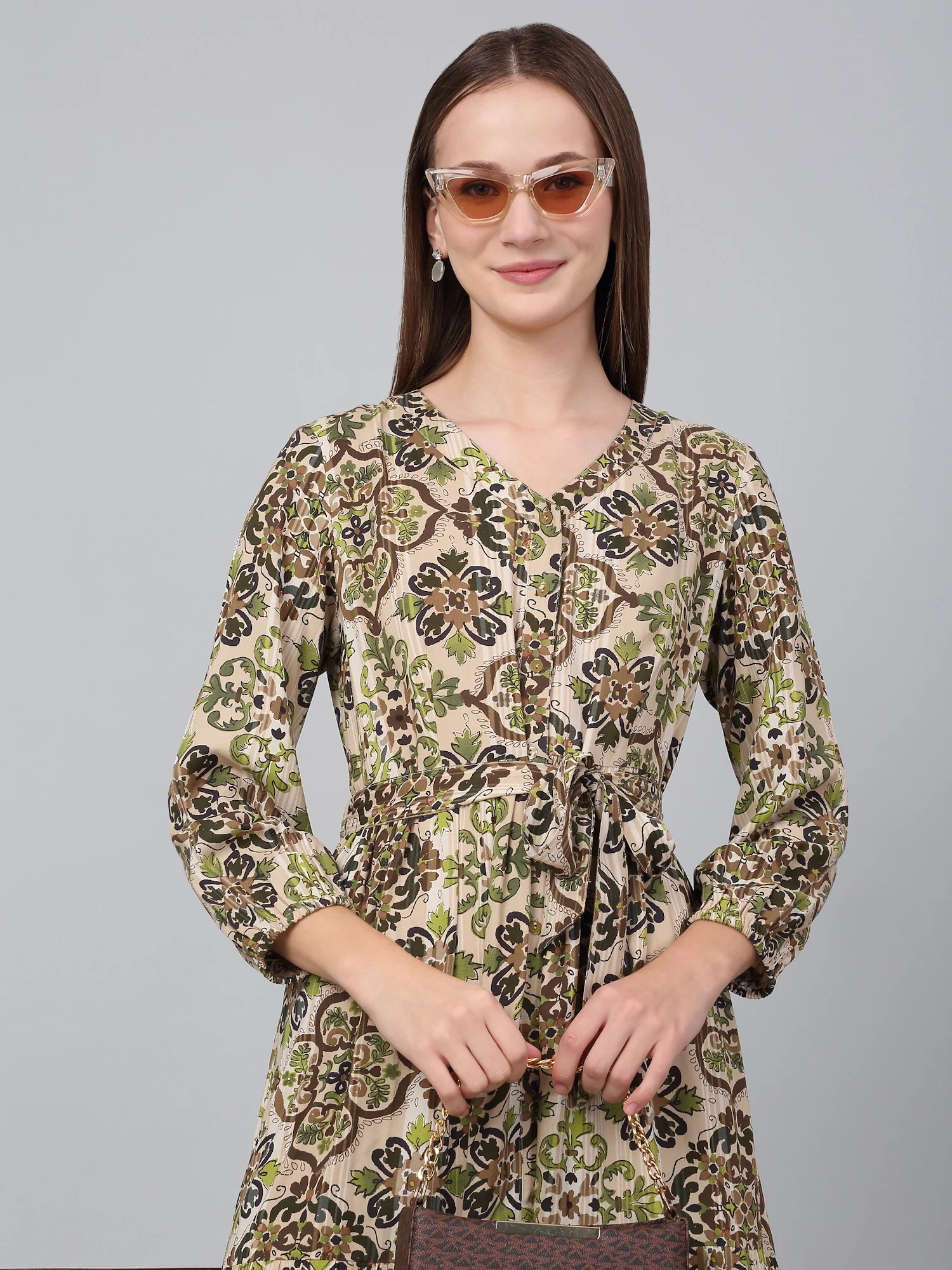 Women Brown V-Neck Printed Dress - Image 5