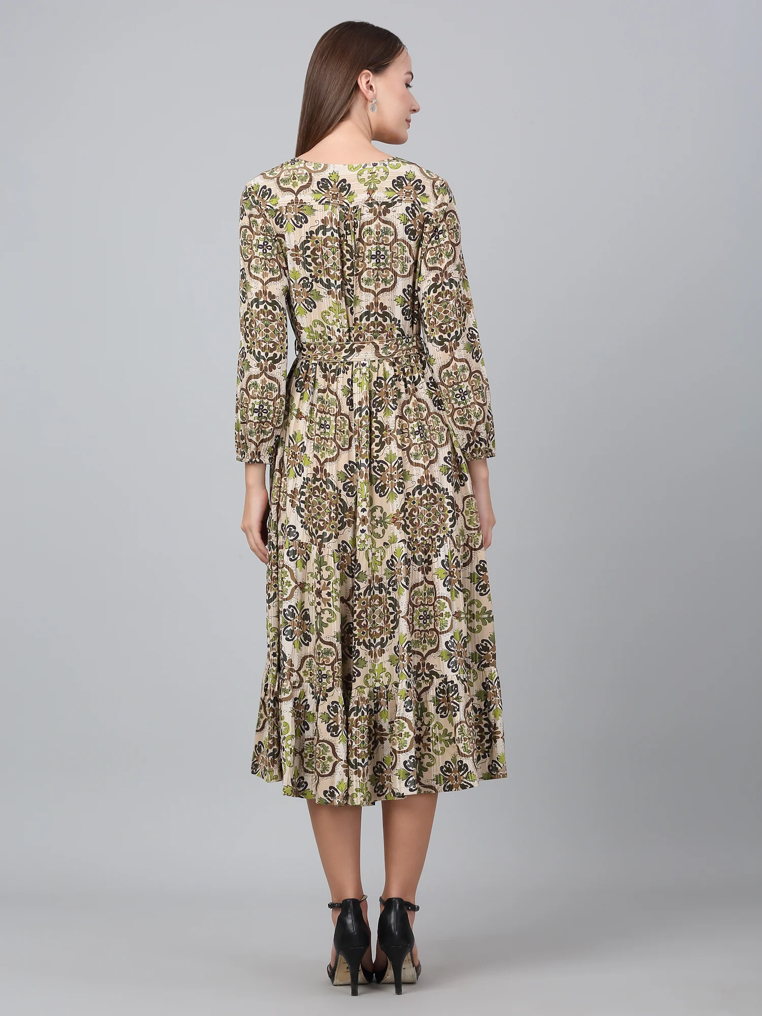 Women Brown V-Neck Printed Dress - Image 6
