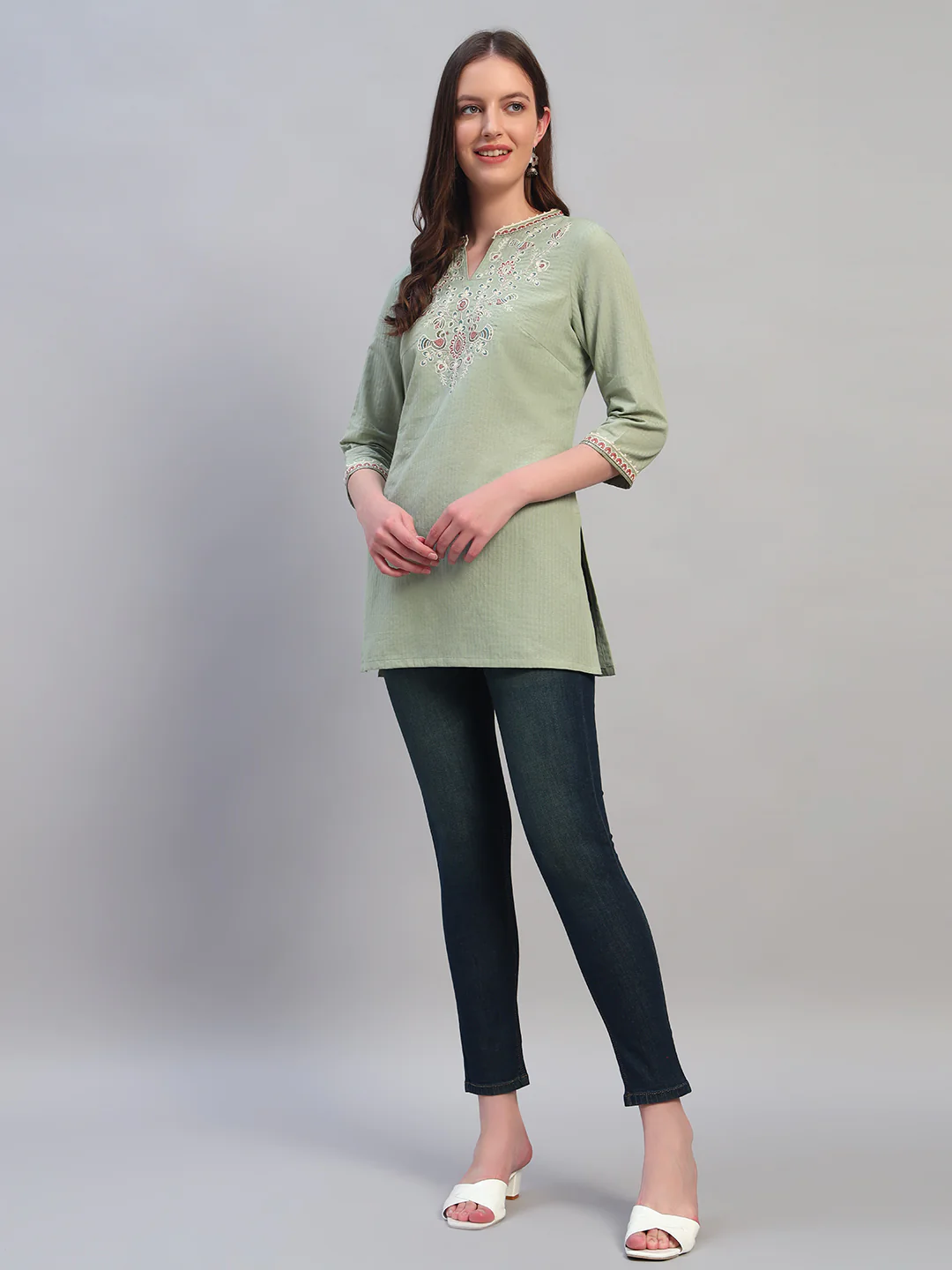 Women Embroidery Light Green 3/4th Sleeves Regular Fit Short Kurti - Image 2
