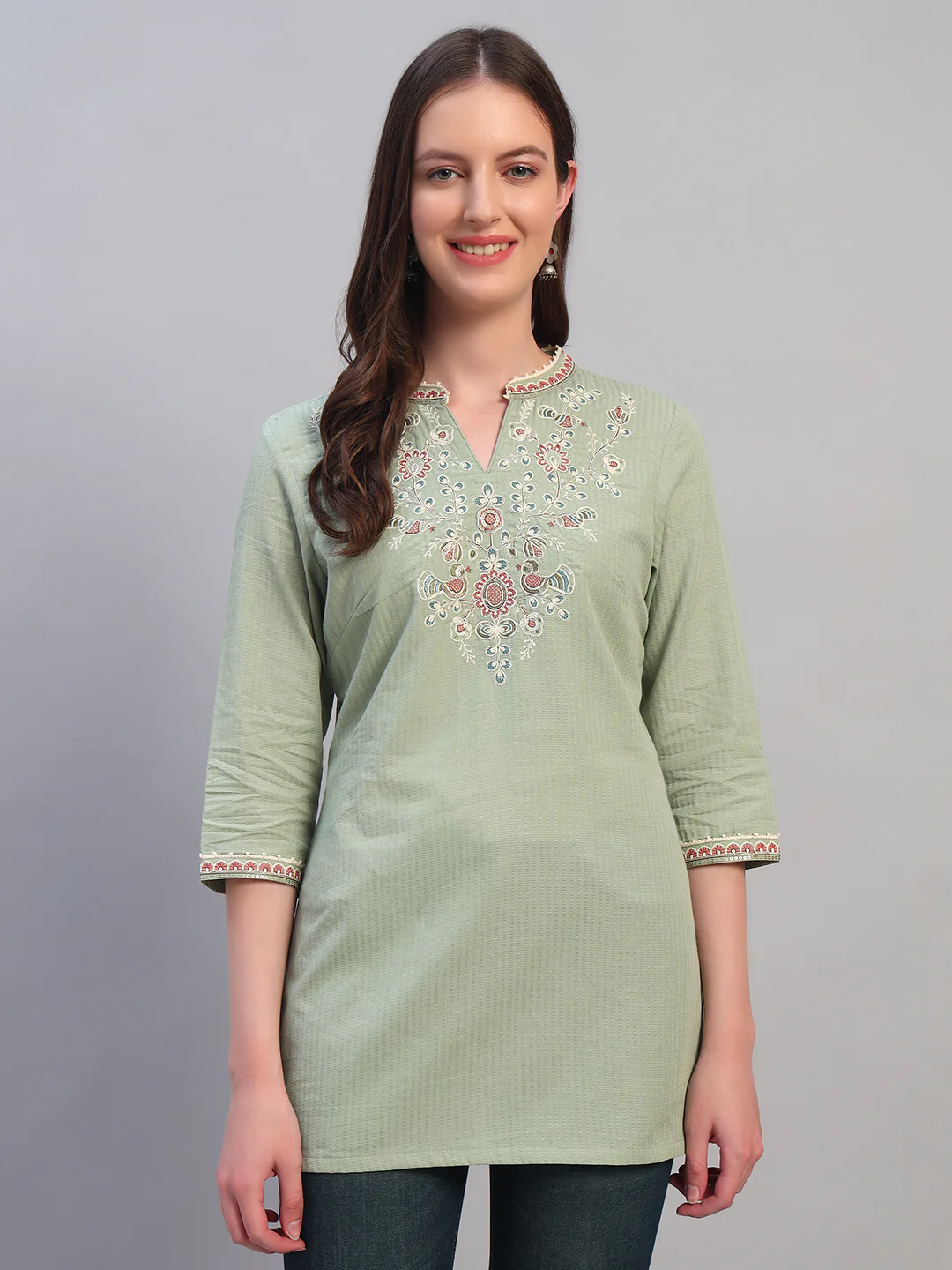 Women Embroidery Light Green 3/4th Sleeves Regular Fit Short Kurti - Image 3