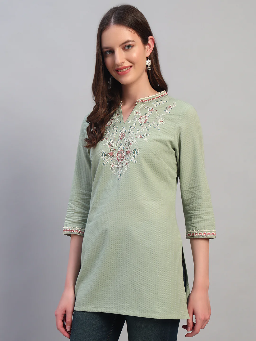 Women Embroidery Light Green 3/4th Sleeves Regular Fit Short Kurti - Image 4