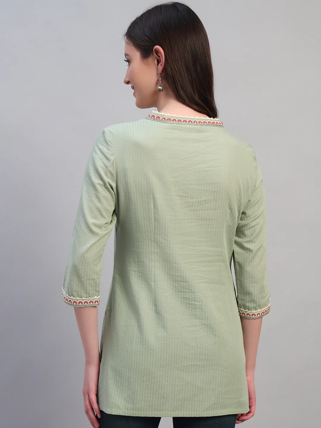 Women Embroidery Light Green 3/4th Sleeves Regular Fit Short Kurti - Image 5