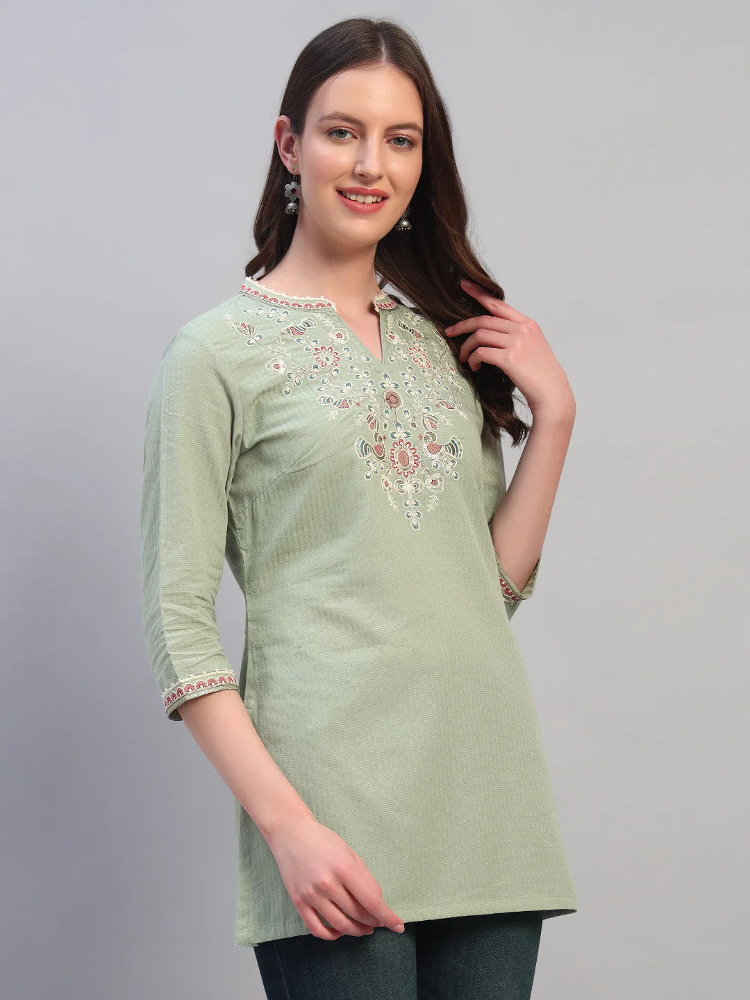 Women Embroidery Light Green 3/4th Sleeves Regular Fit Short Kurti - Image 6