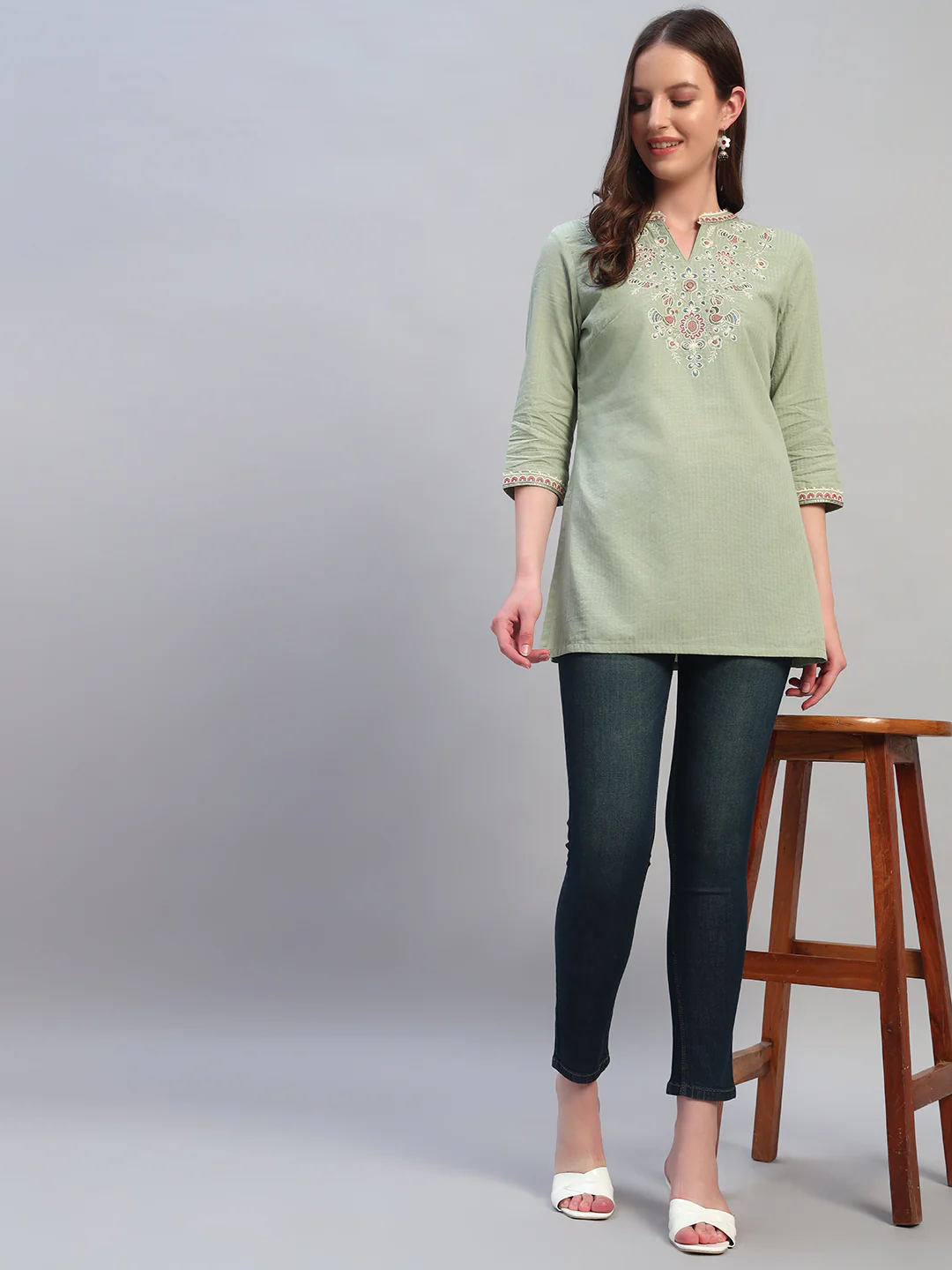 Women Embroidery Light Green 3/4th Sleeves Regular Fit Short Kurti - Image 7