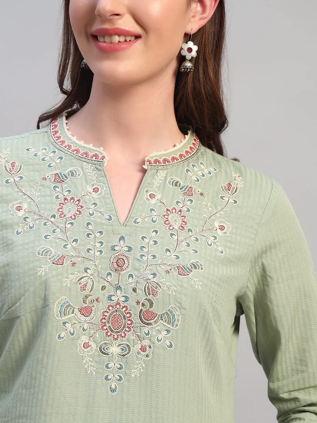 Women Embroidery Light Green 3/4th Sleeves Regular Fit Short Kurti - Image 8