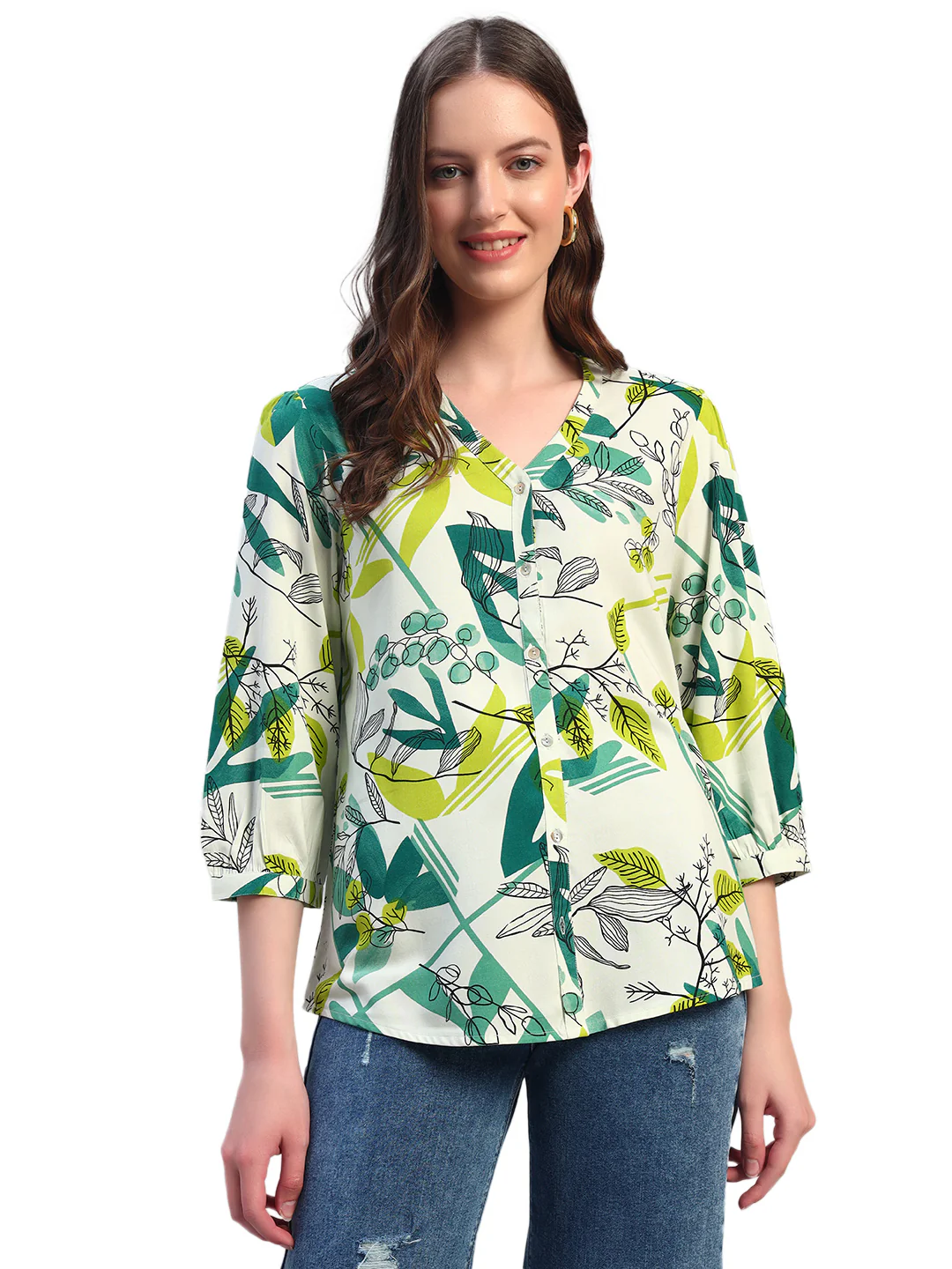 Women Green Printed V-Neck 3/4th Sleeves Casual Tunic - Image 4
