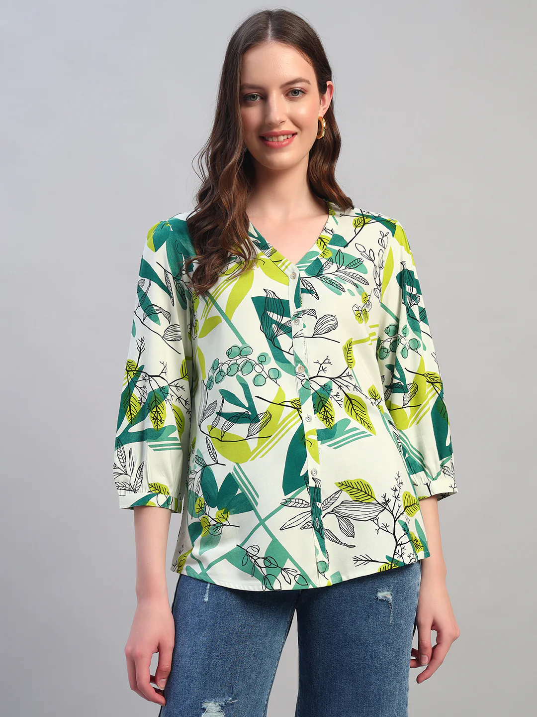 Women Green Printed V-Neck 3/4th Sleeves Casual Tunic - Image 5