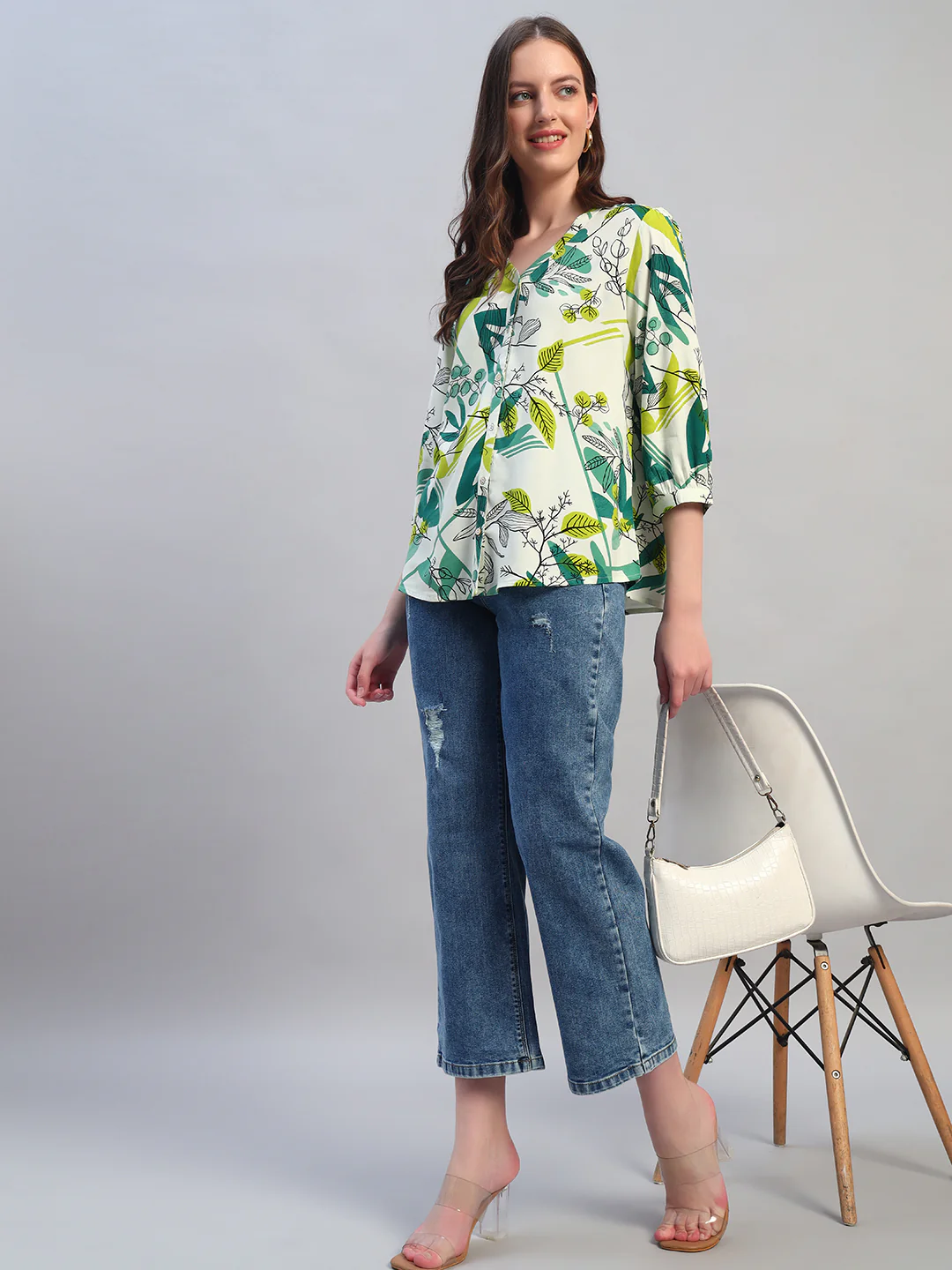 Women Green Printed V-Neck 3/4th Sleeves Casual Tunic - Image 9