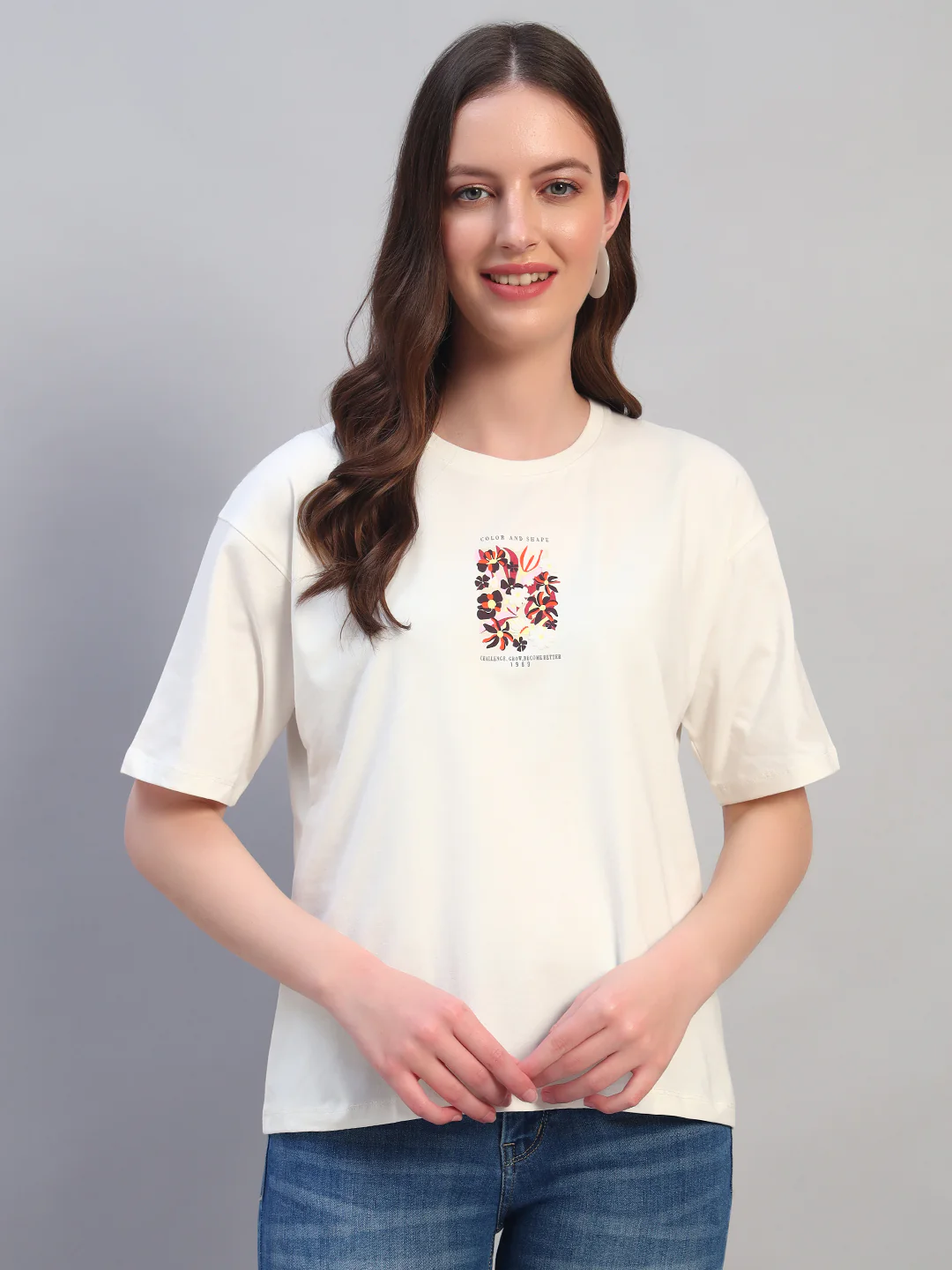 Women Ivory Printed Half Sleeves Round Neck Casual T-Shirt - Image 2