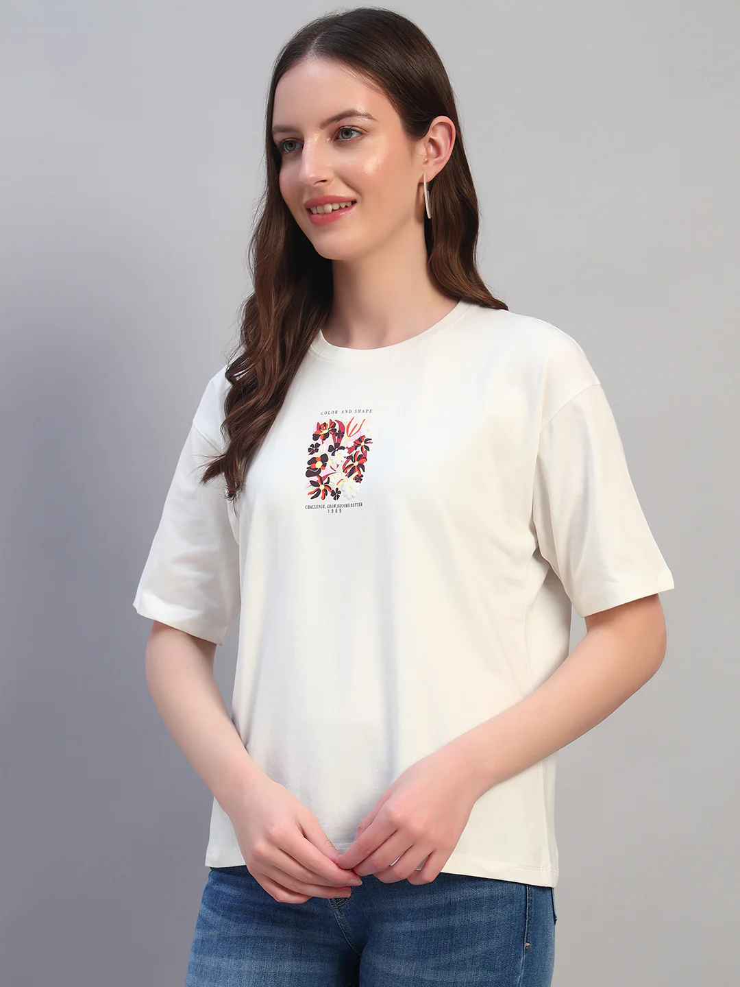 Women Ivory Printed Half Sleeves Round Neck Casual T-Shirt - Image 3