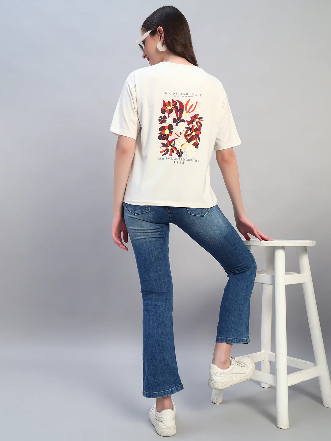 Women Ivory Printed Half Sleeves Round Neck Casual T-Shirt - Image 4