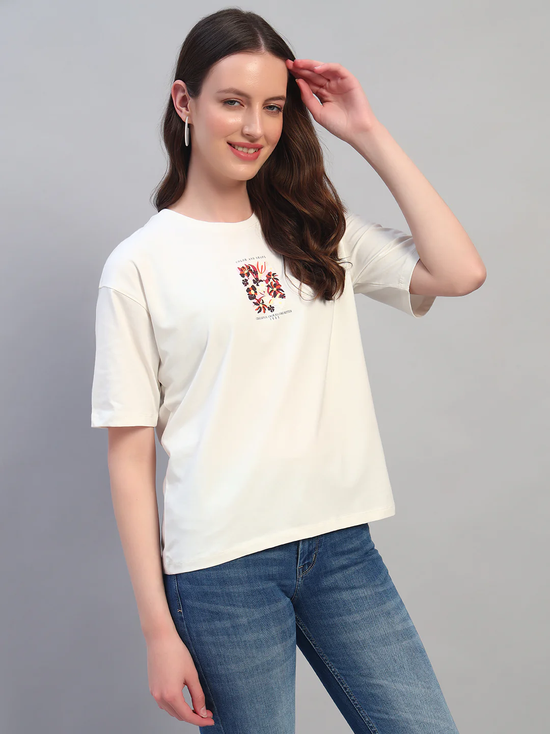 Women Ivory Printed Half Sleeves Round Neck Casual T-Shirt - Image 5