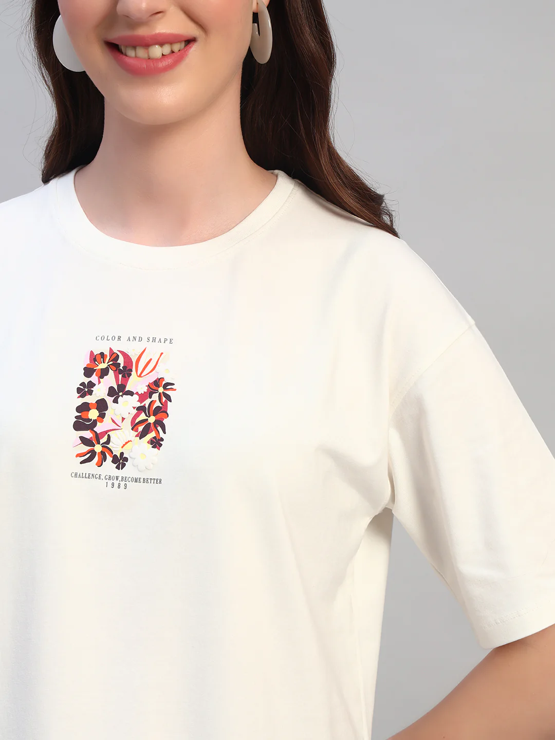 Women Ivory Printed Half Sleeves Round Neck Casual T-Shirt - Image 6