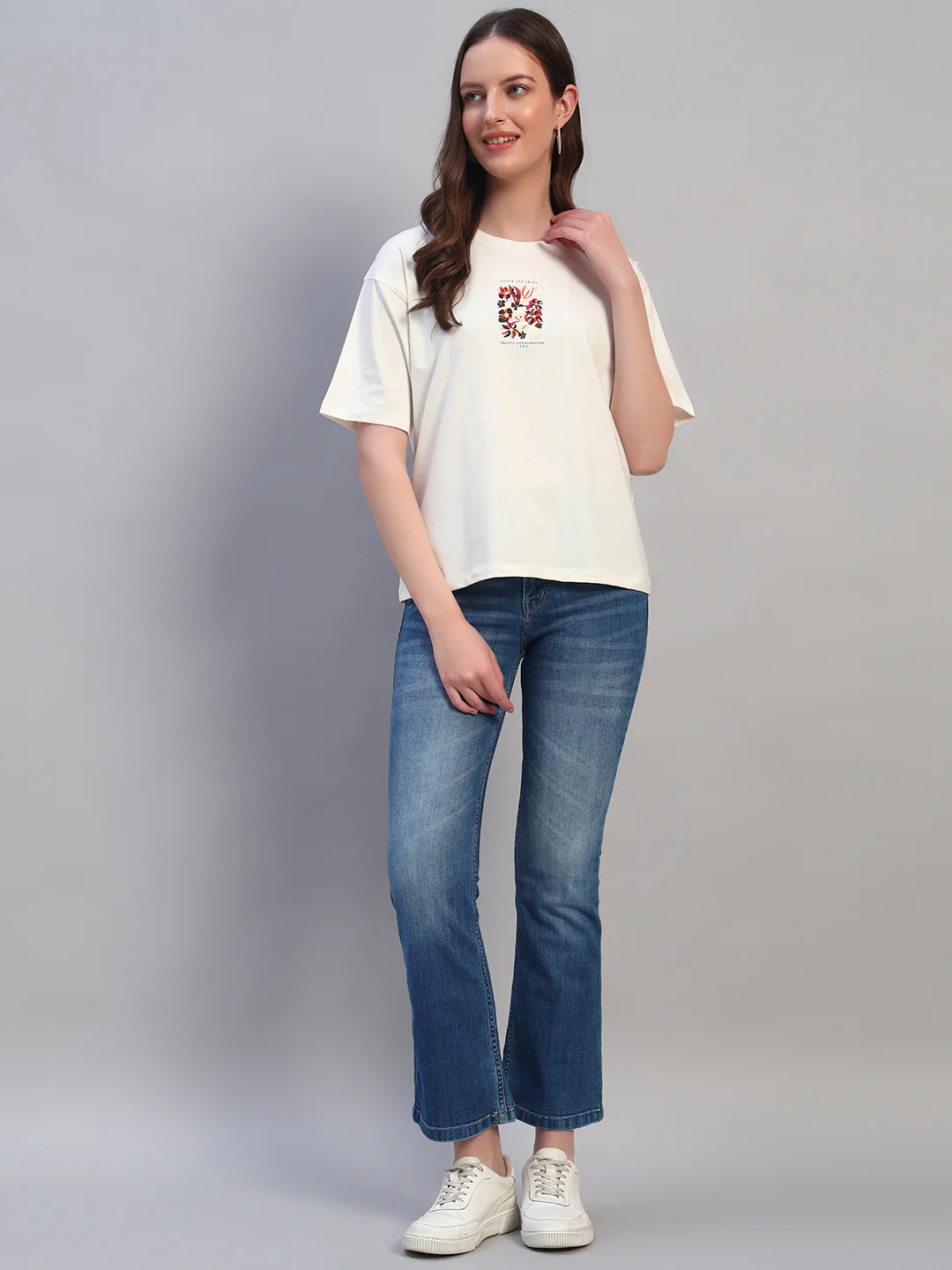 Women Ivory Printed Half Sleeves Round Neck Casual T-Shirt - Image 7