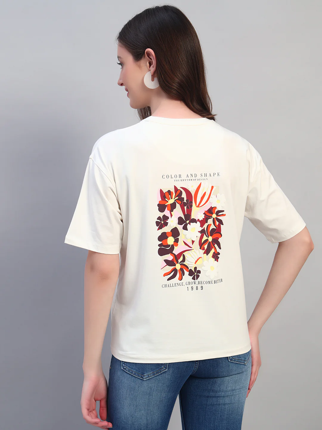 Women Ivory Printed Half Sleeves Round Neck Casual T-Shirt - Image 8