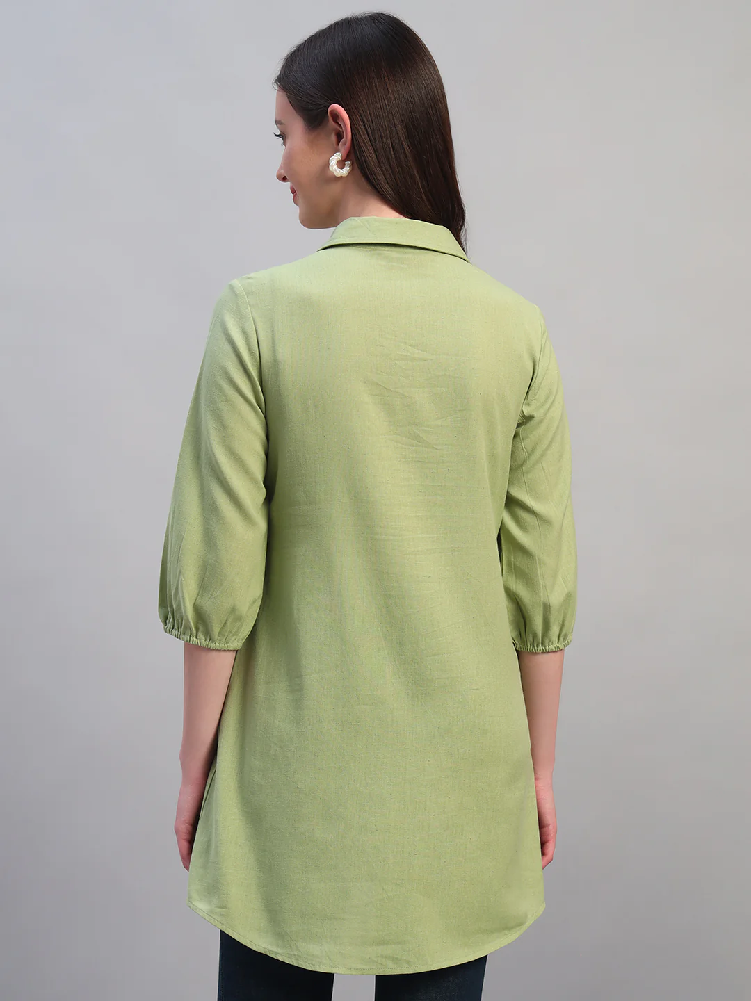 Women Light Green Solid 3/4th Sleeves Casual Long Tunic - Image 4