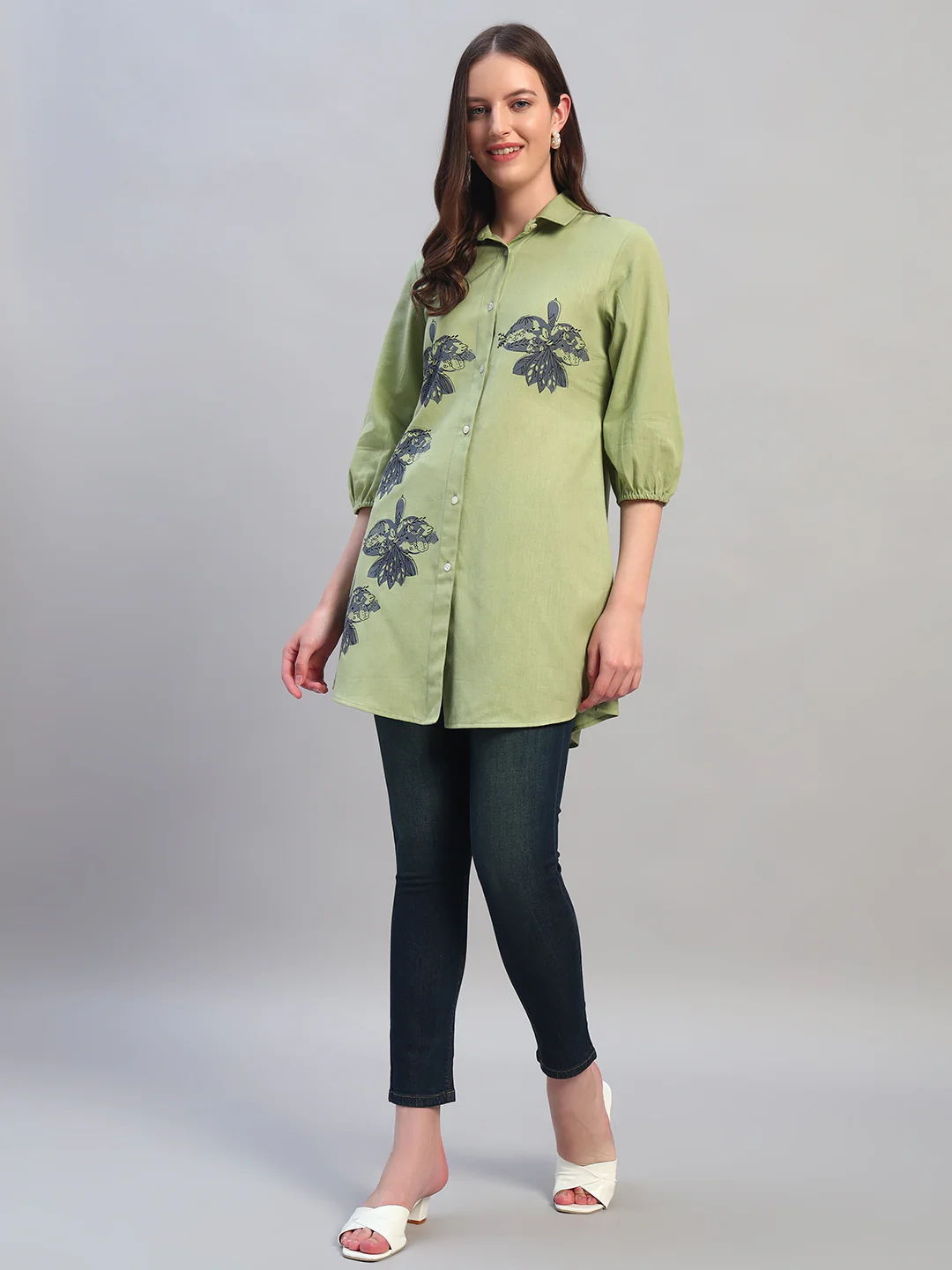 Women Light Green Solid 3/4th Sleeves Casual Long Tunic - Image 8