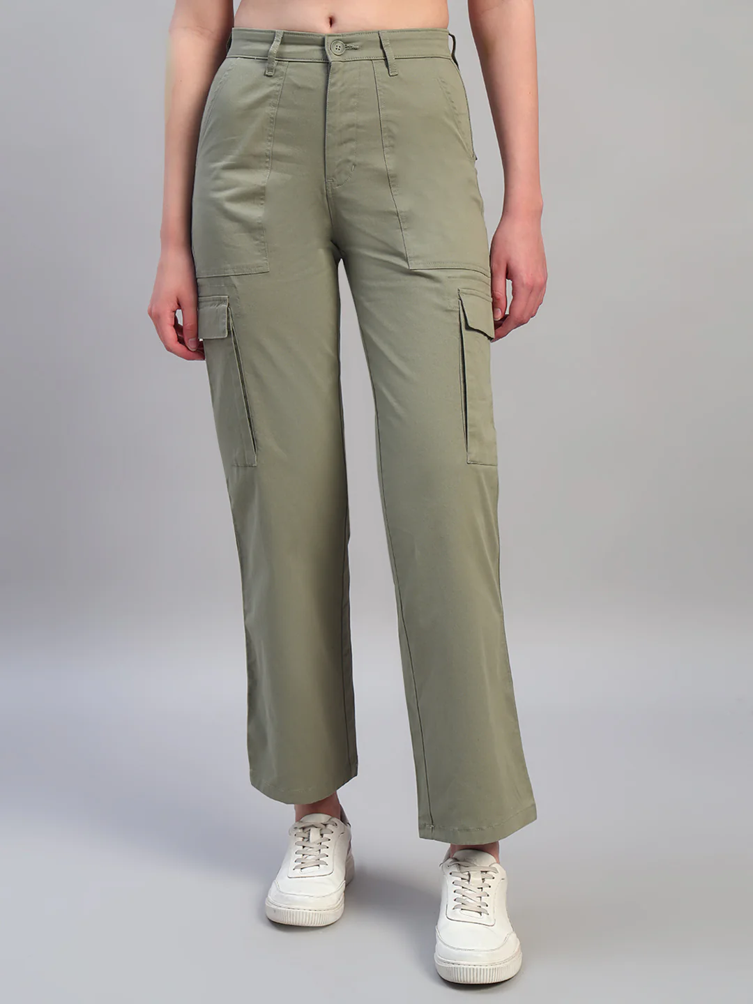 Women Light Green Solid Full Length Regular Fit Cargo - Image 2