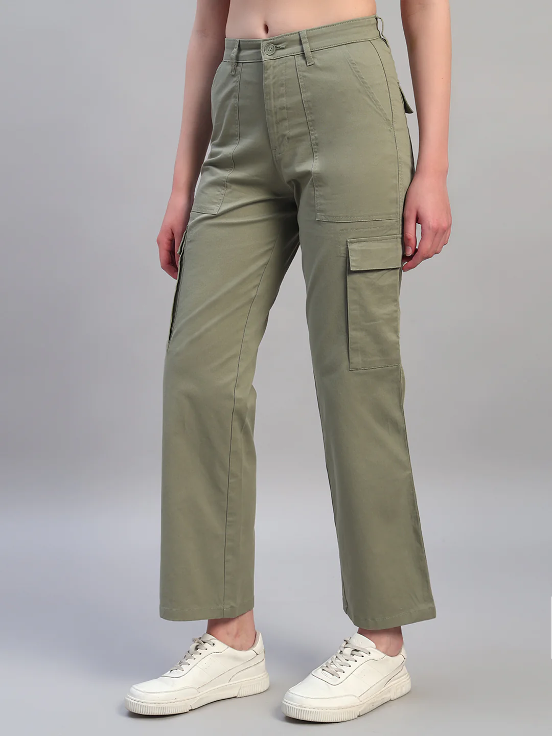 Women Light Green Solid Full Length Regular Fit Cargo - Image 3