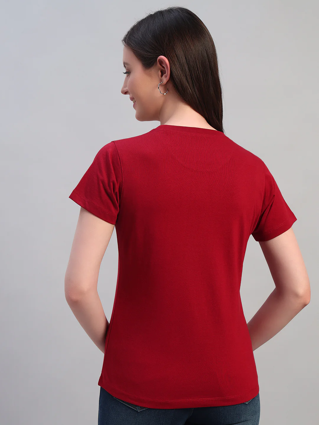 Women Maroon Printed Half Sleeves Round Neck Casual T-Shirt - Image 2