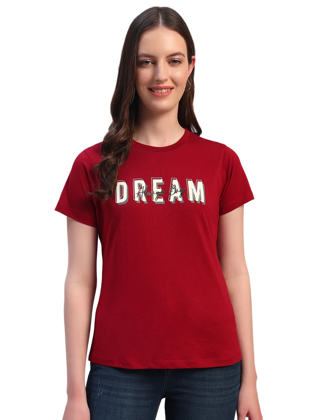 Women Maroon Printed Half Sleeves Round Neck Casual T-Shirt - Image 3