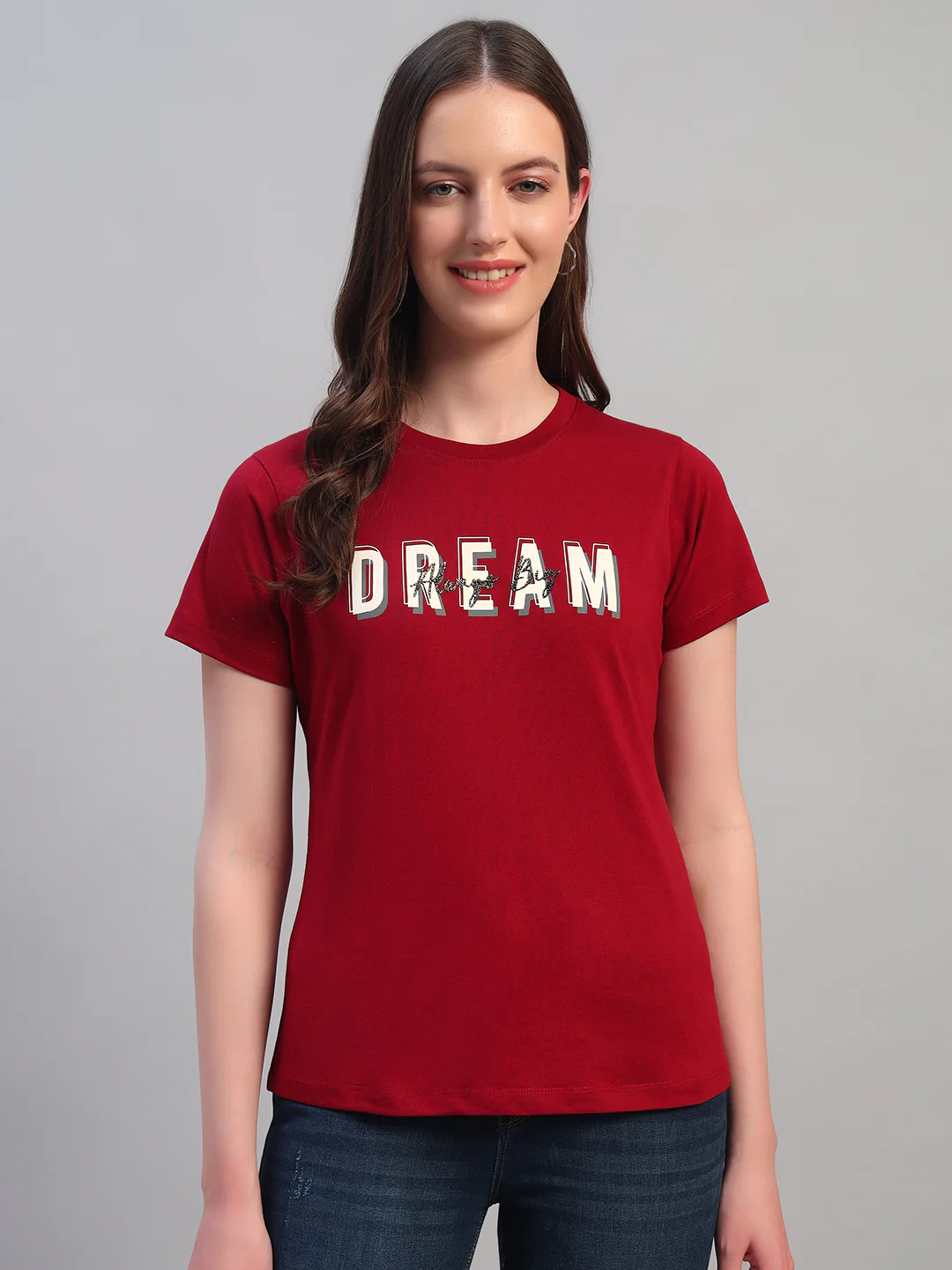 Women Maroon Printed Half Sleeves Round Neck Casual T-Shirt - Image 4