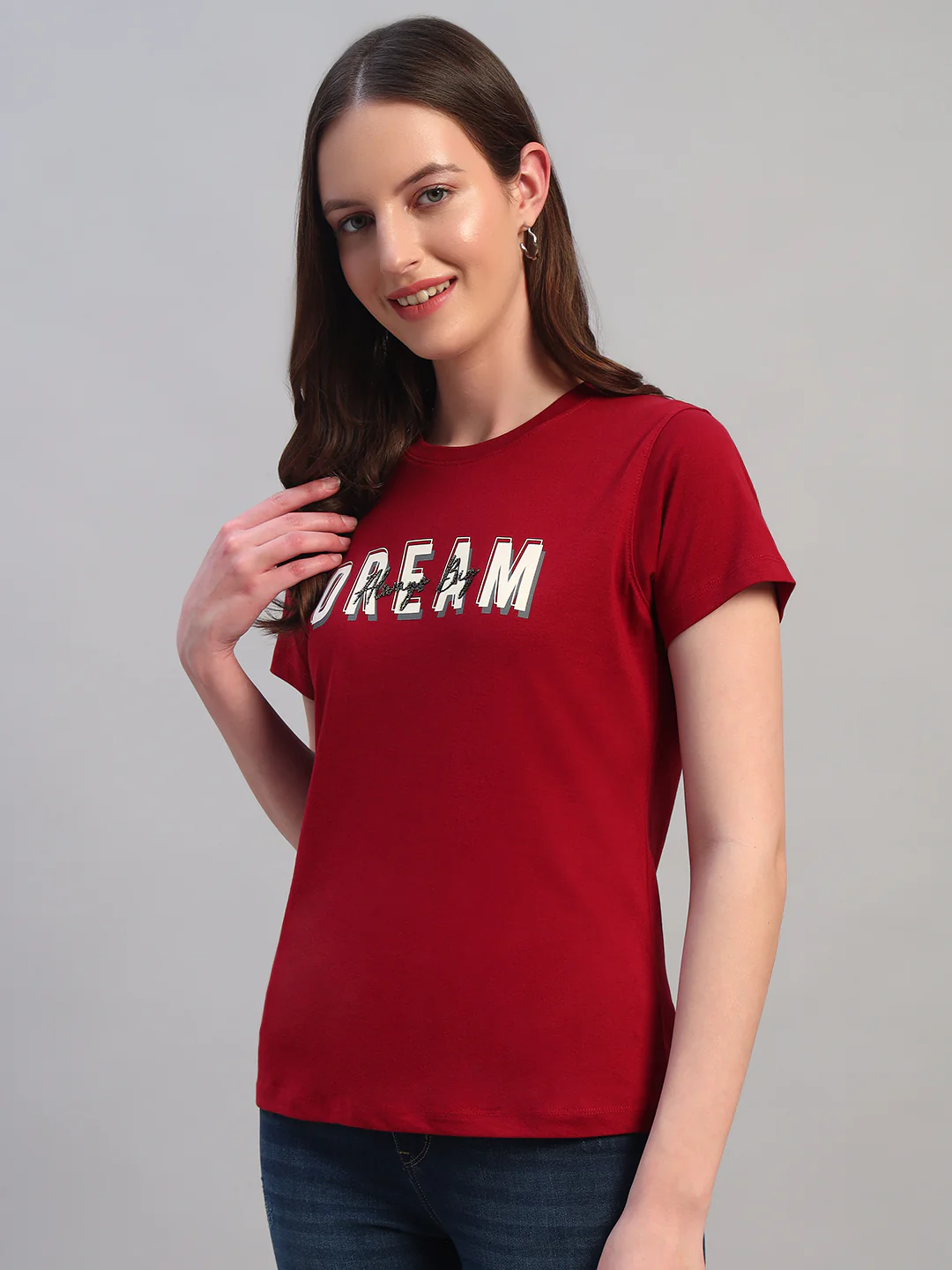 Women Maroon Printed Half Sleeves Round Neck Casual T-Shirt - Image 5