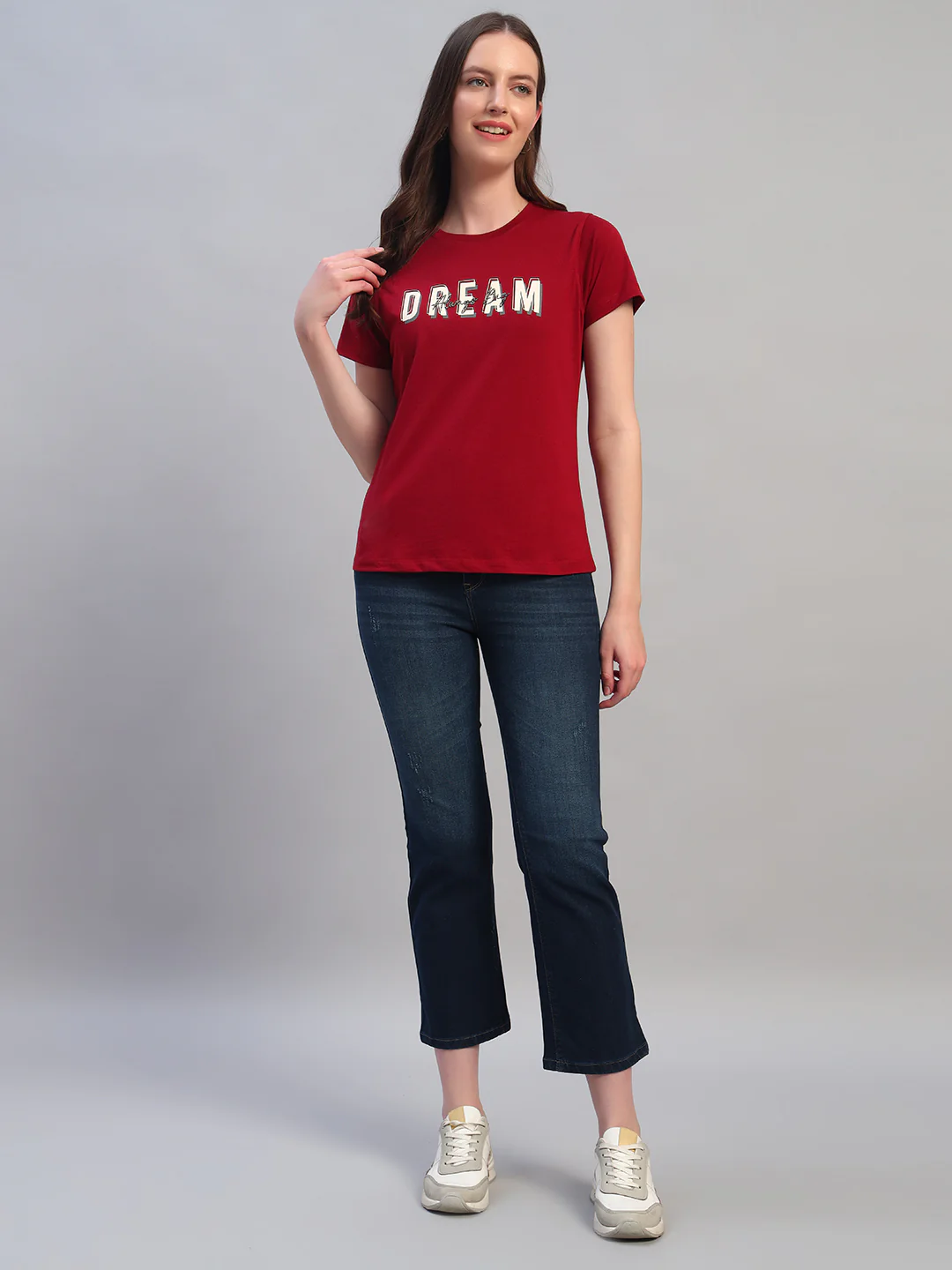Women Maroon Printed Half Sleeves Round Neck Casual T-Shirt - Image 6