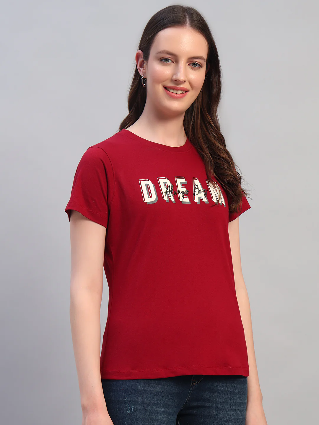 Women Maroon Printed Half Sleeves Round Neck Casual T-Shirt - Image 7