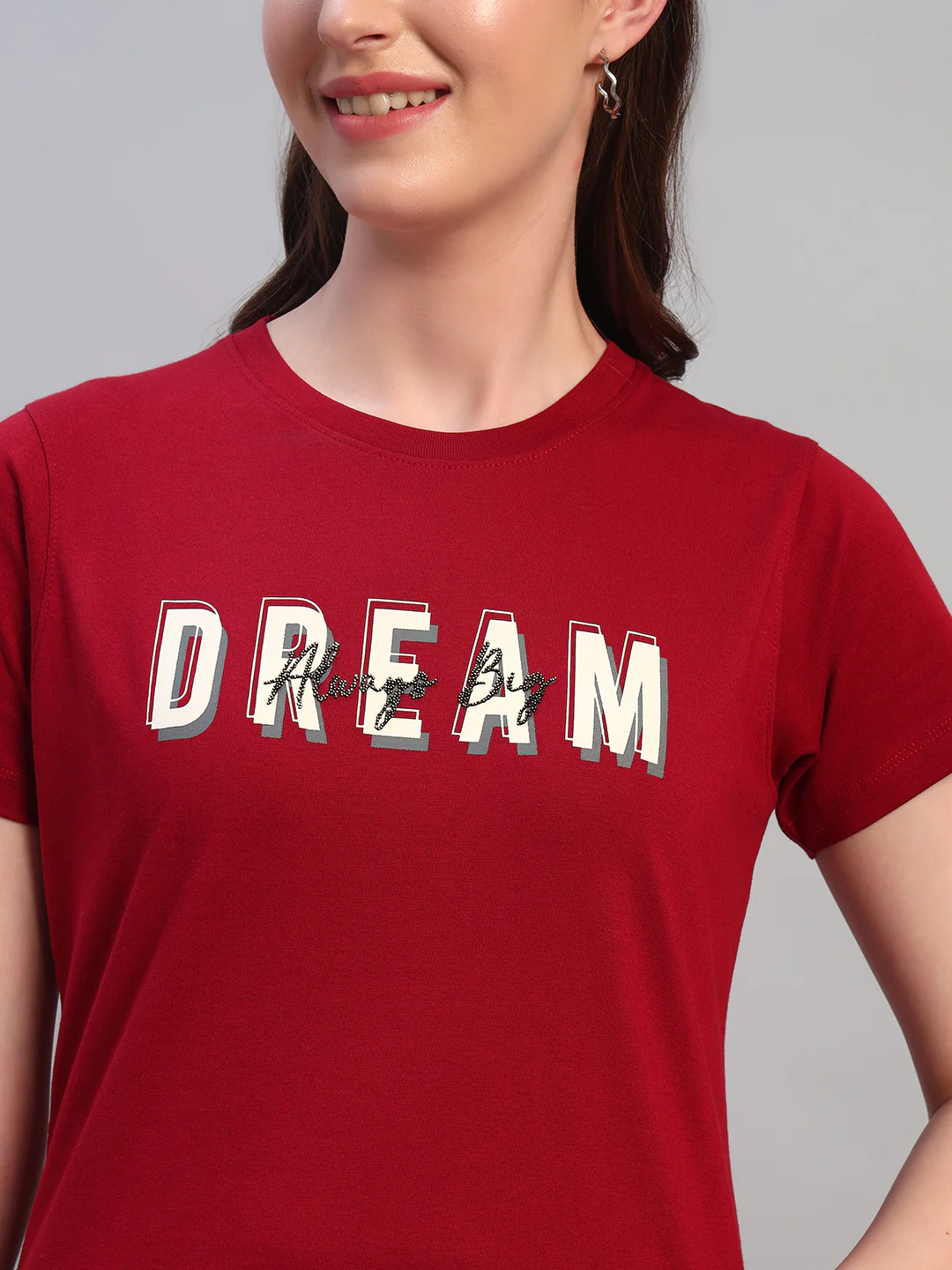 Women Maroon Printed Half Sleeves Round Neck Casual T-Shirt - Image 8