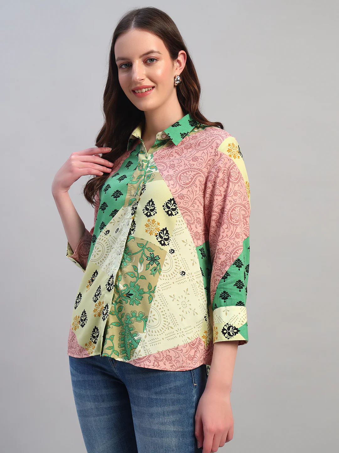 Women Multi Printed Spread Collar 3/4th Sleeves Casual Top - Image 2