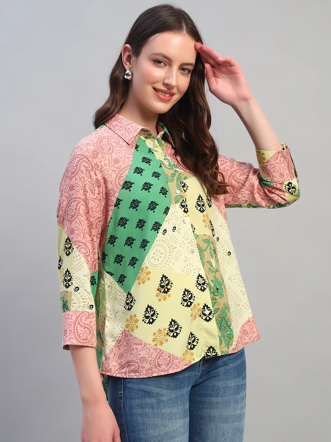 Women Multi Printed Spread Collar 3/4th Sleeves Casual Top - Image 4