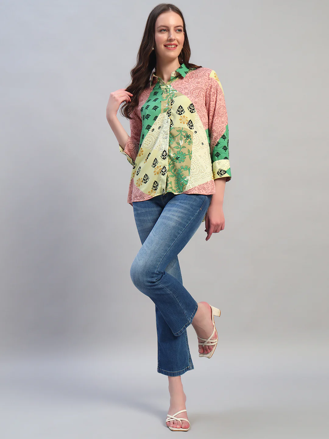 Women Multi Printed Spread Collar 3/4th Sleeves Casual Top - Image 6