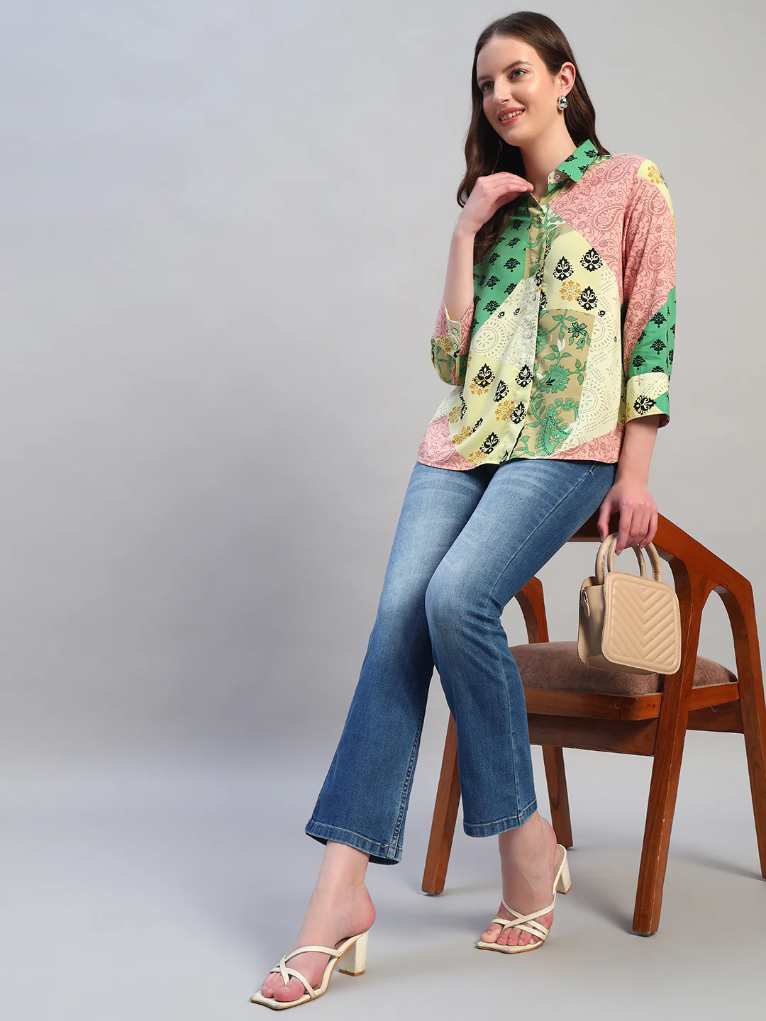 Women Multi Printed Spread Collar 3/4th Sleeves Casual Top - Image 7
