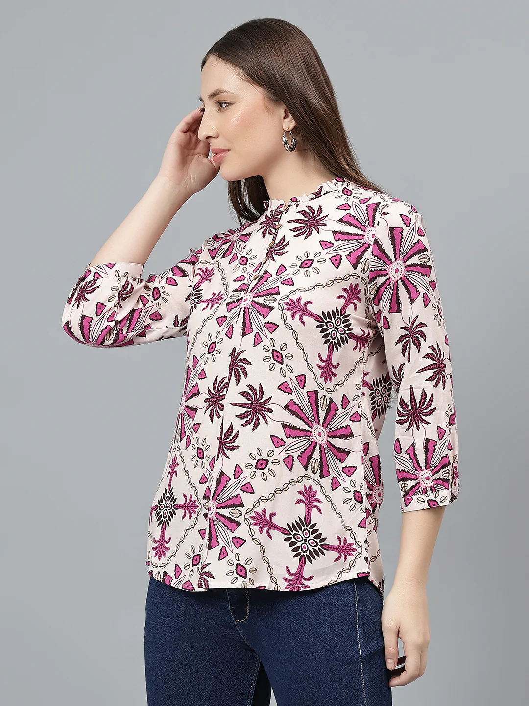 Women Multicolor Printed Band Collar Casual Tunic - Image 3