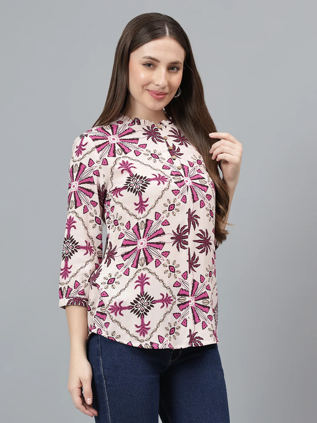 Women Multicolor Printed Band Collar Casual Tunic - Image 4