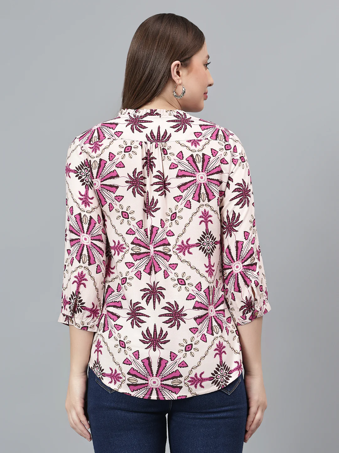 Women Multicolor Printed Band Collar Casual Tunic - Image 5