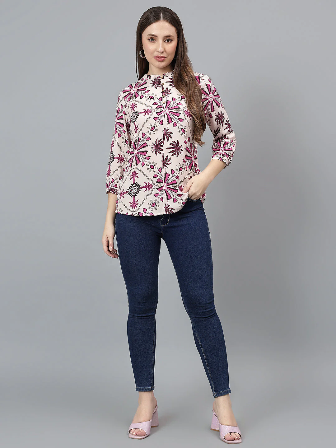 Women Multicolor Printed Band Collar Casual Tunic - Image 7