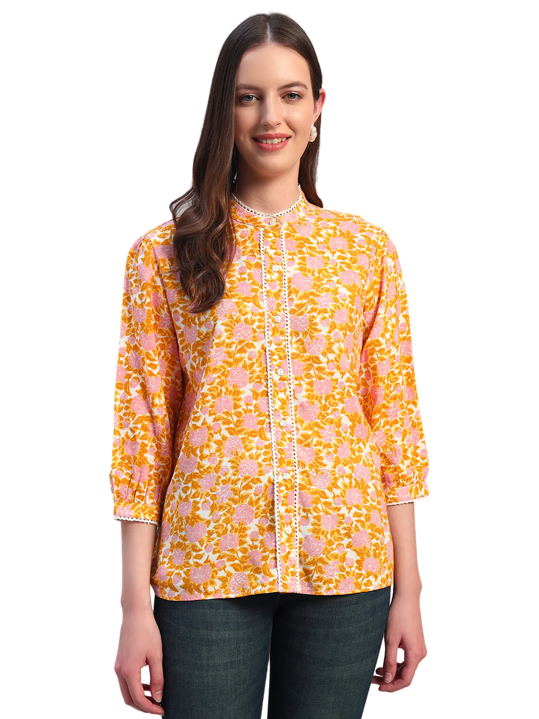 Women Mustard Printed Round Neck 3/4th Sleeves Casual Top - Image 3