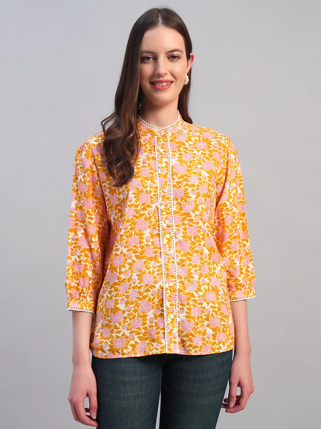 Women Mustard Printed Round Neck 3/4th Sleeves Casual Top - Image 4