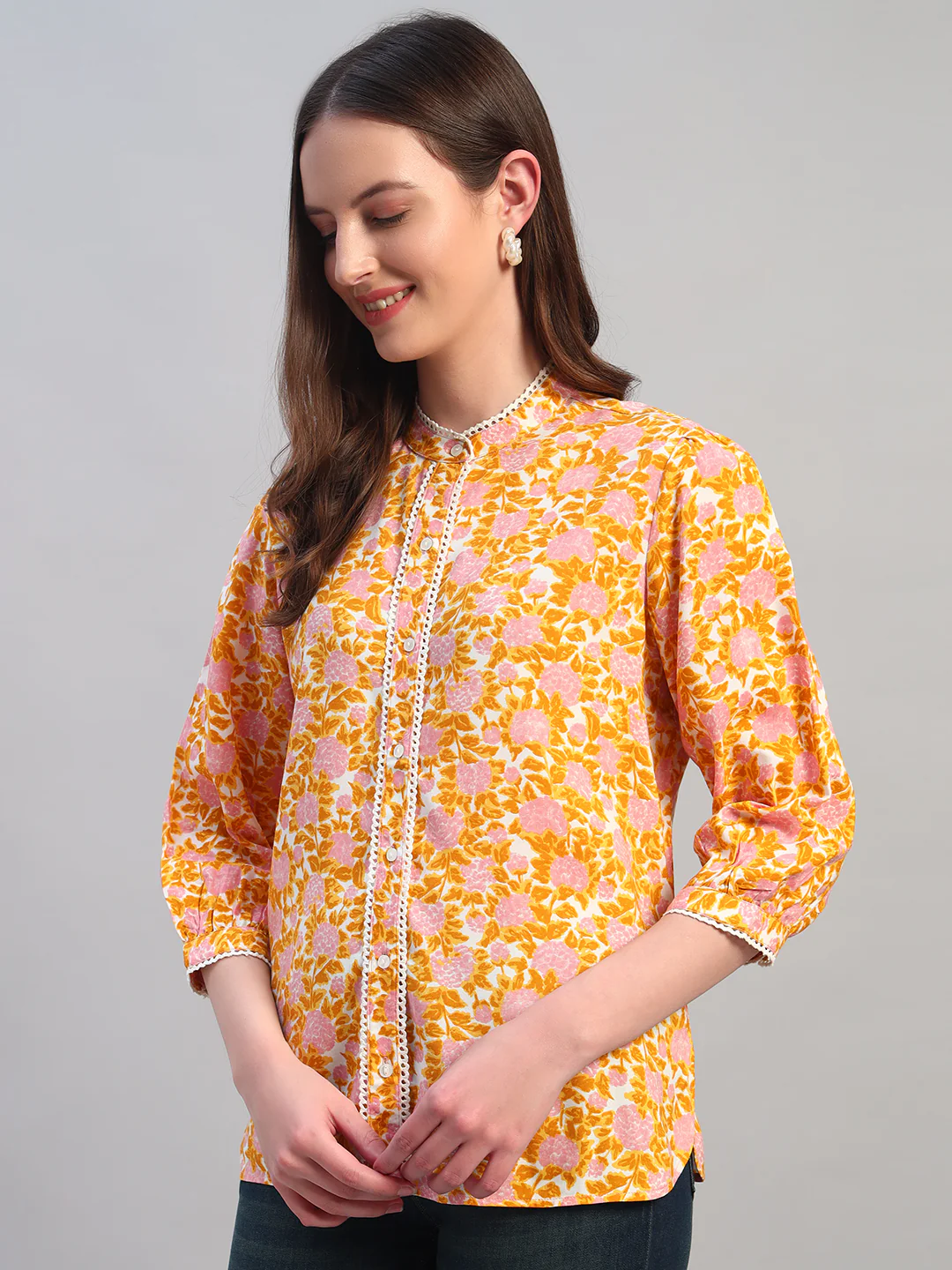 Women Mustard Printed Round Neck 3/4th Sleeves Casual Top - Image 5