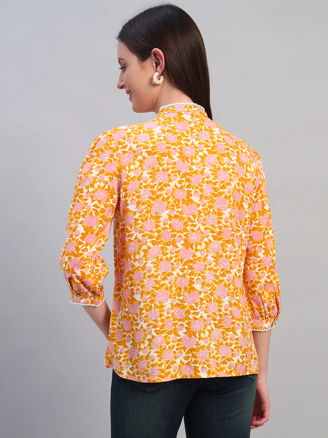 Women Mustard Printed Round Neck 3/4th Sleeves Casual Top - Image 6