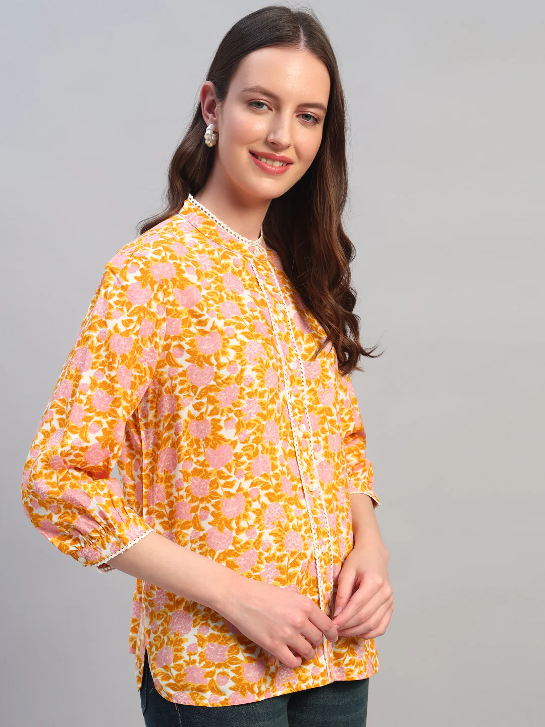 Women Mustard Printed Round Neck 3/4th Sleeves Casual Top - Image 7