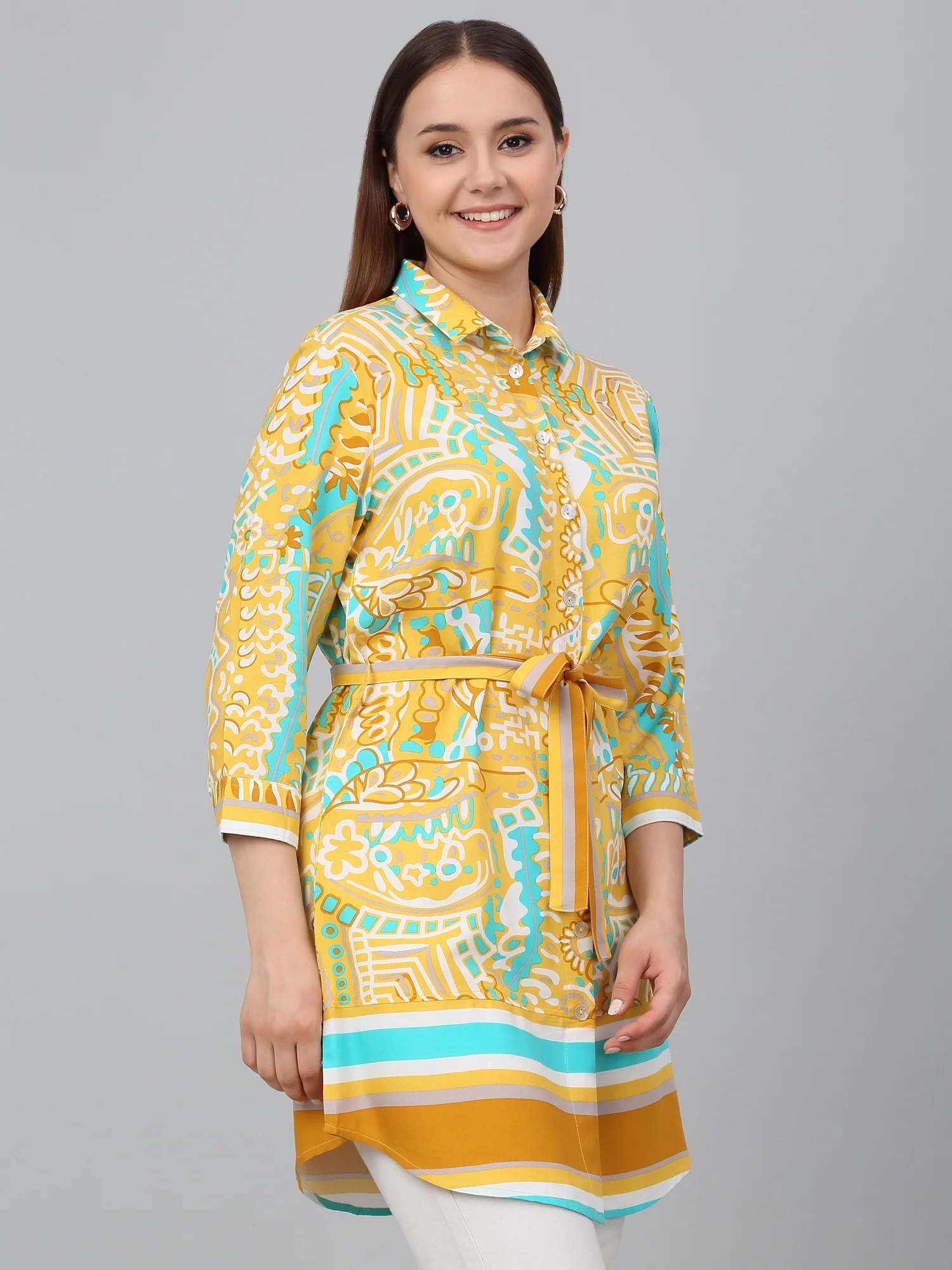 Women Mustard Printed Spread Collar Casual Tunic - Image 3