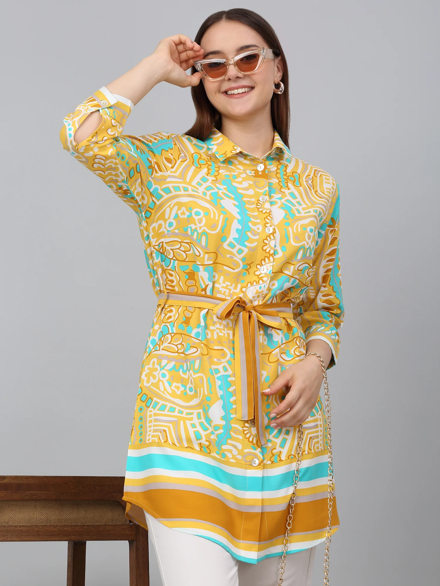 Women Mustard Printed Spread Collar Casual Tunic - Image 6
